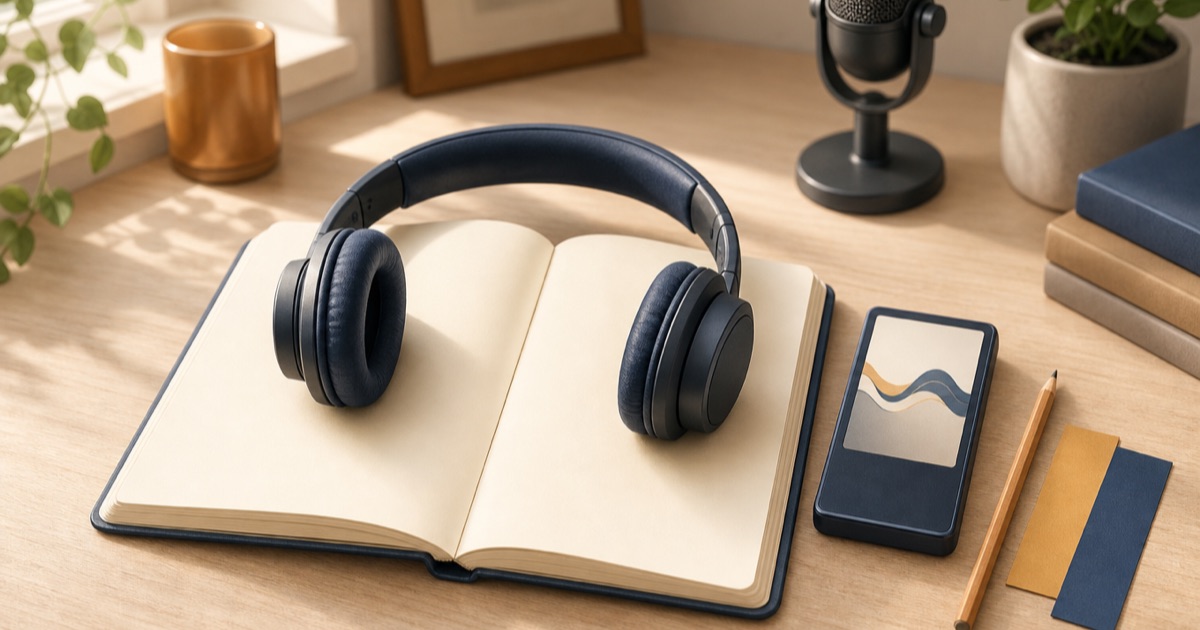 白紙のノートにヘッドホンを置き、抽象的な波形を表示した音楽プレーヤー、鉛筆、しおりとマイクを並べた聴き取りの机